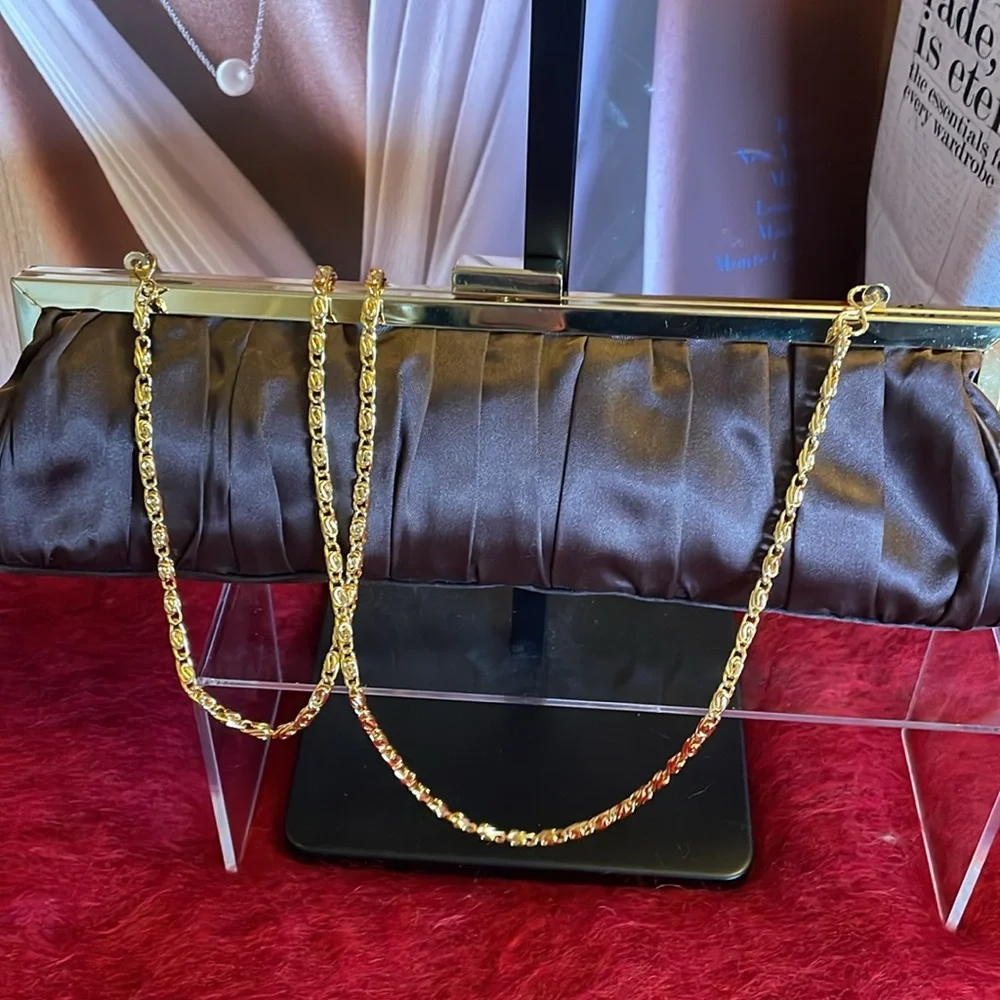 Cache Brown & Gold Satin Clutch Crossbody with Gold Chain purse bag